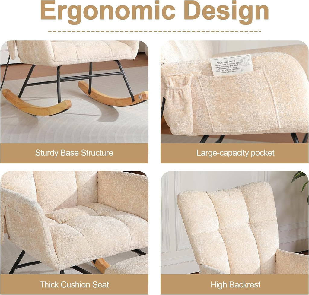 Nursery Rocking Chair with Airbag, Comfy Modern Rocking Reading Chair Indoor with Footrest, Cozy Upholstered Glider Rocker Chairs for Living Room Bedroom Offices, (Chenille, Beige)