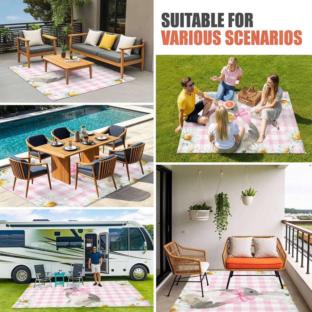 Blue Easter Bunny Outdoor Rug for Patio/Deck/Porch, Non-Slip Large Area Rug 4 x 6 Ft, Spring Daisy Modern Pink Buffalo Plaid Indoor Outdoor Rugs Washable Area Rugs, Camping Rug Carpet Runner