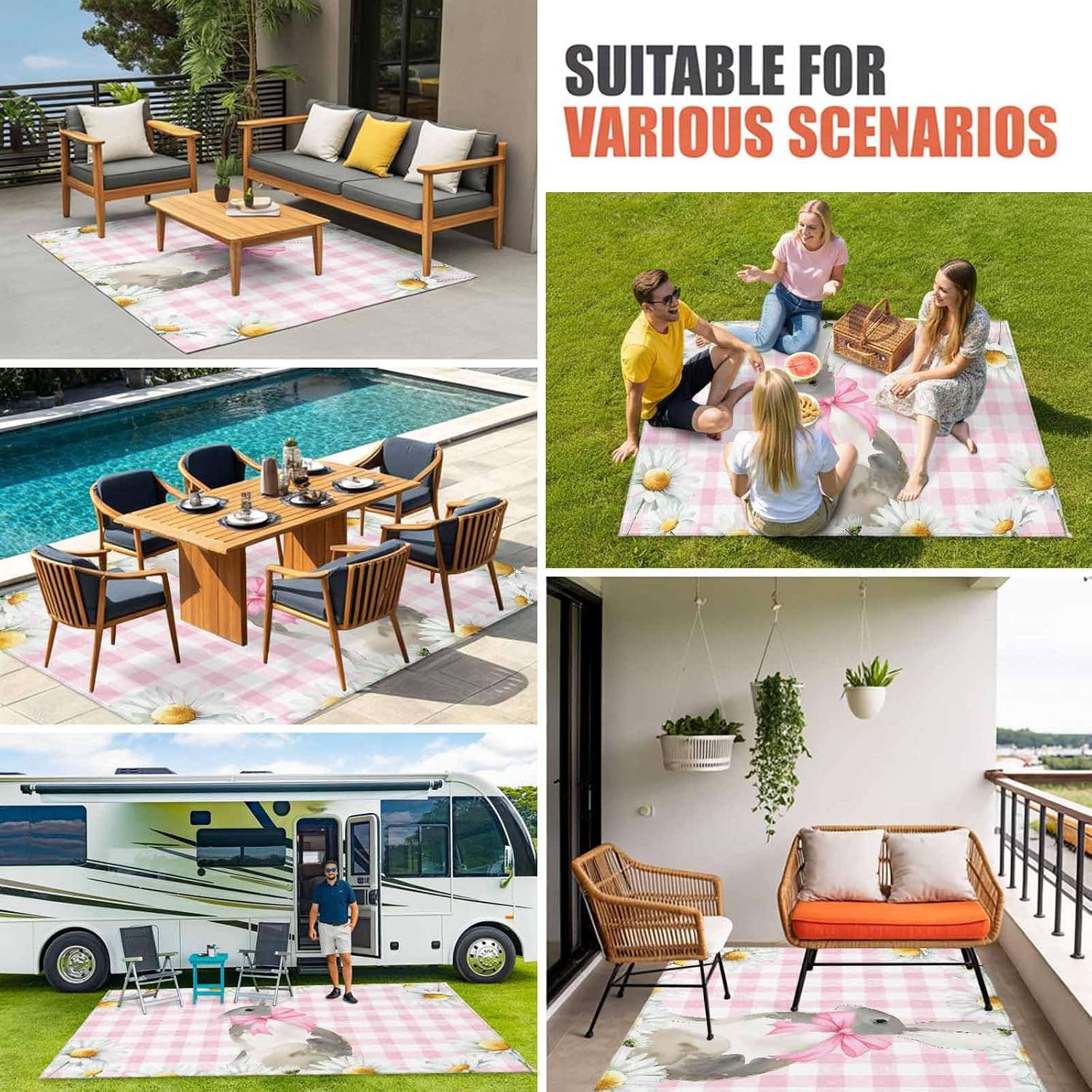Blue Easter Bunny Outdoor Rug for Patio/Deck/Porch, Non-Slip Large Area Rug 4 x 6 Ft, Spring Daisy Modern Pink Buffalo Plaid Indoor Outdoor Rugs Washable Area Rugs, Camping Rug Carpet Runner