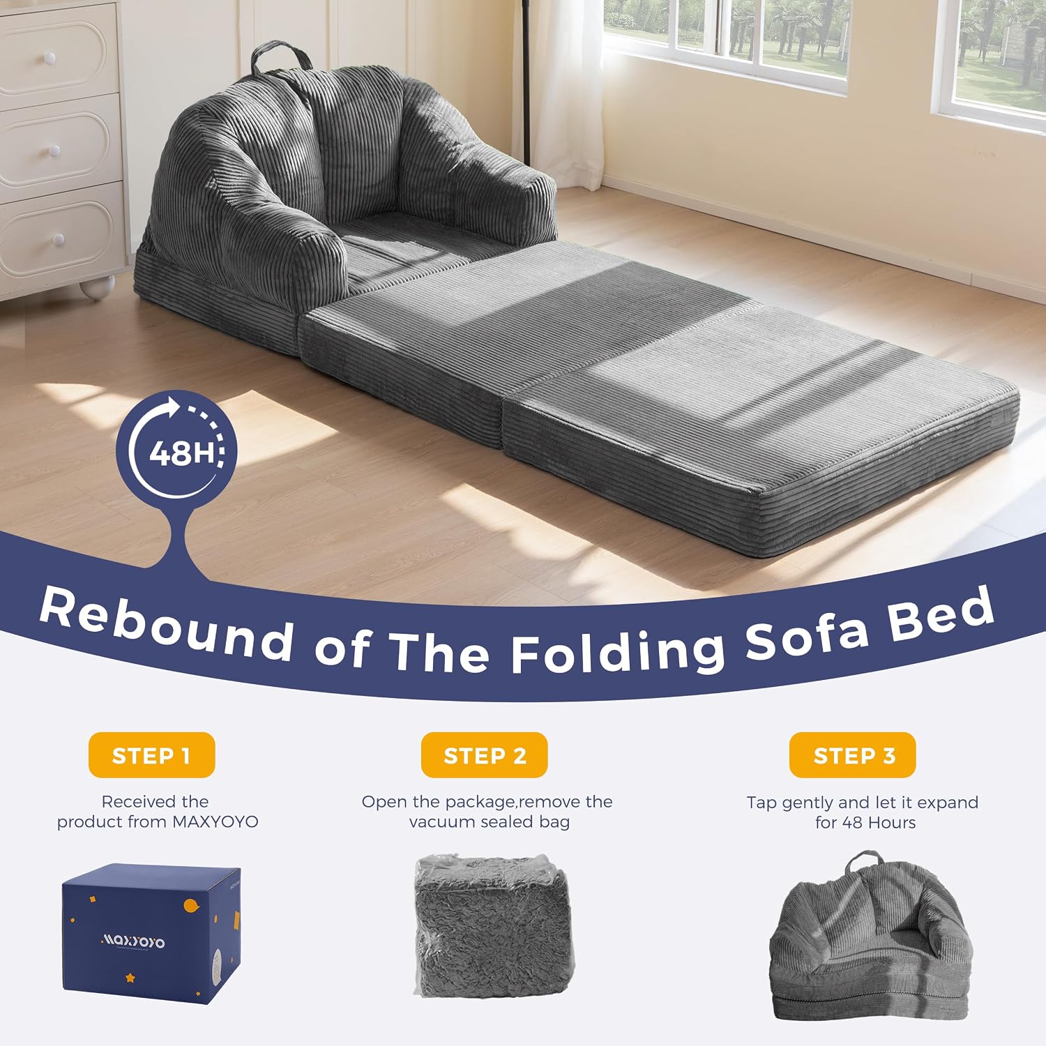MAXYOYO Folding Sofa Bed with Backrest, Boneless Fold Out Couch Bed with Handle, 2 in 1 Convertible Bean Bag Chair to Floor Sofa Lounger, Comfy Folding Couch for Bedroom & Living Room, Dark Grey