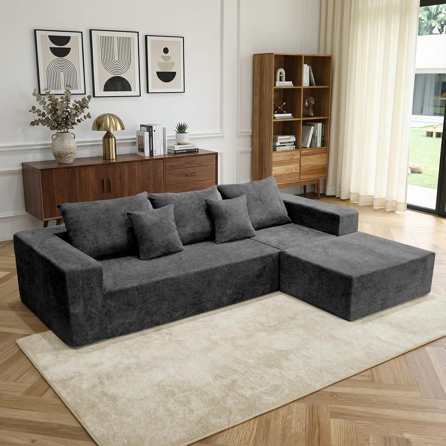 Sytopia 109' L-Shaped Cloud Couch, Boneless Modular Sectional Sofa with Deep Seat for Living Room Bedroom, Modern Floor Couch Chenille, Comfy Sleeper Futon Sofa Bed 40D Foam Furniture, Left Facing