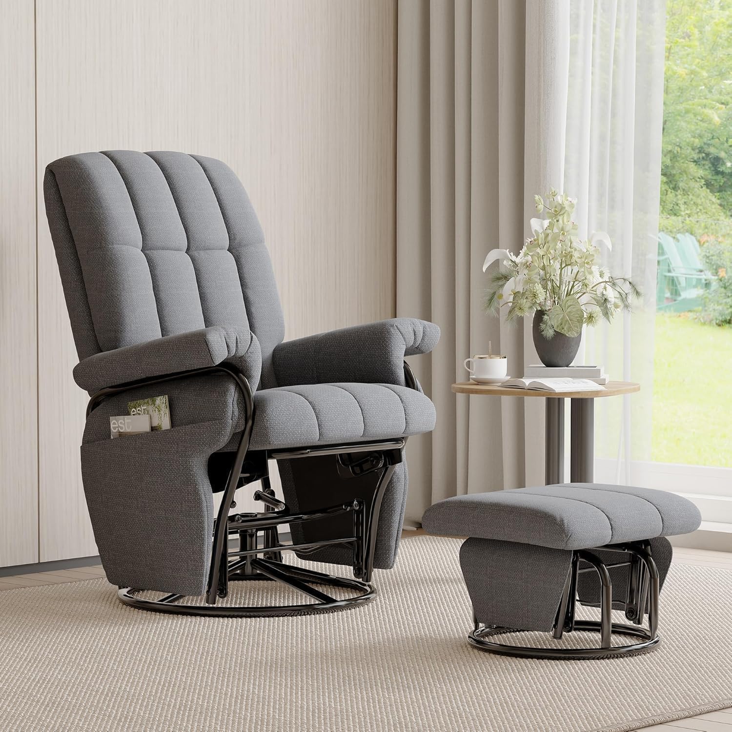 JIASTING 360° Swivel Recliner Chair with Ottoman & Double Side Pockets, Nursing Glider Rocking Recliner Chair, Gliding Chairs for Nursery, Living Room, Bedroom, Office (Gray)