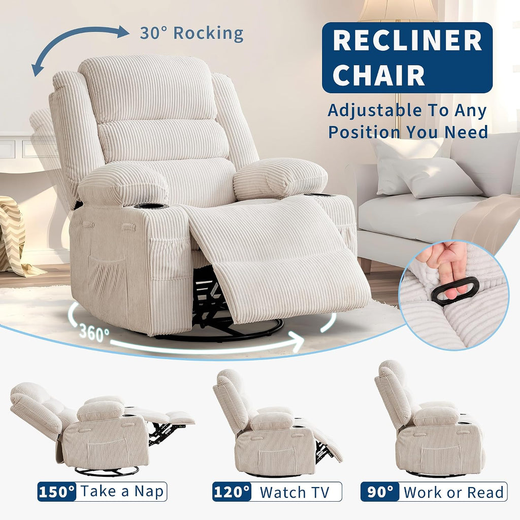360° Swivel Rocker Recliner Chair for Adults, Rocking Manual Glider Sofa with 3 Positions, 2 Cup Holders, 4 Pockets for Nursery, Living Room, Bedroom, Office, Reading Nook