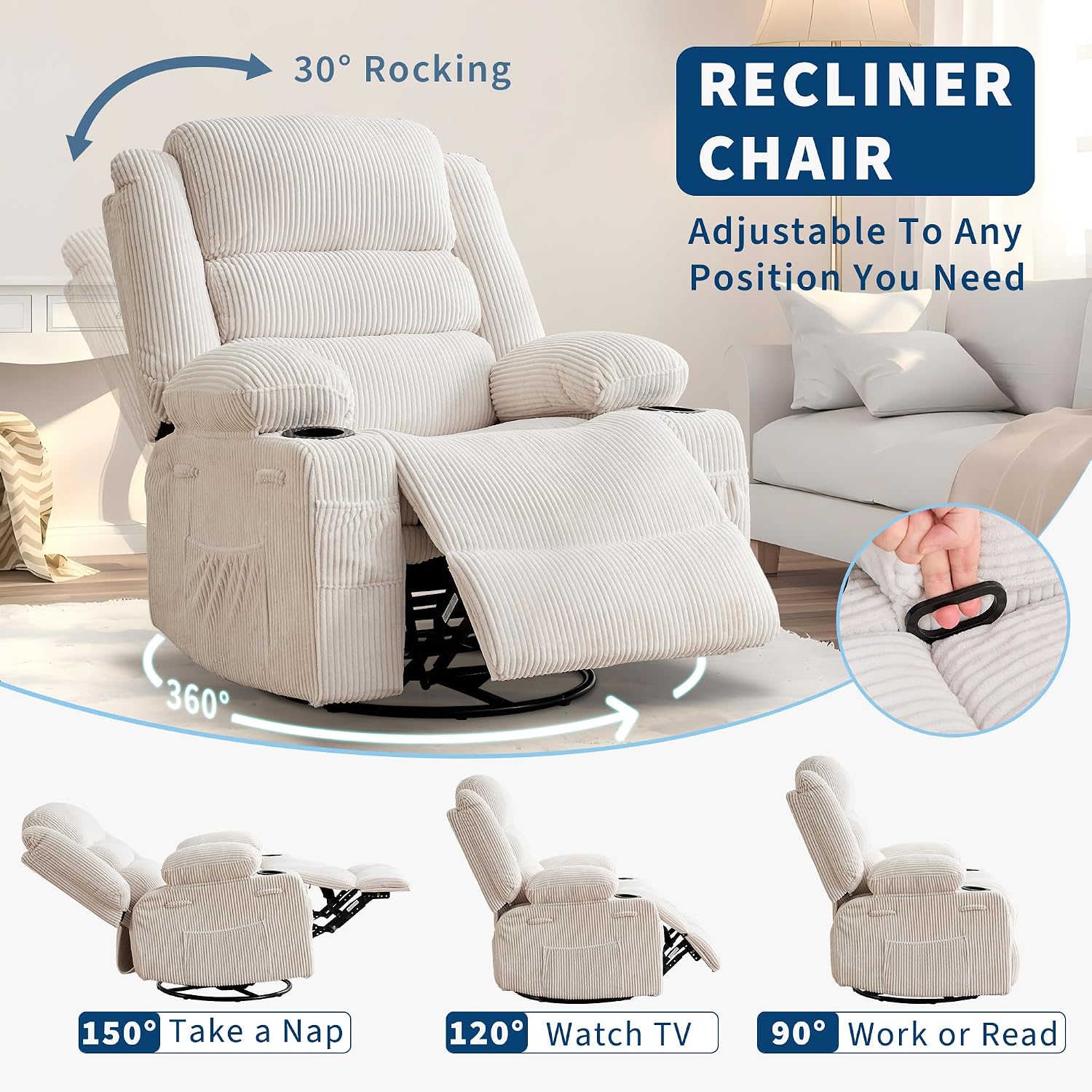 360° Swivel Rocker Recliner Chair for Adults, Rocking Manual Glider Sofa with 3 Positions, 2 Cup Holders, 4 Pockets for Nursery, Living Room, Bedroom, Office, Reading Nook