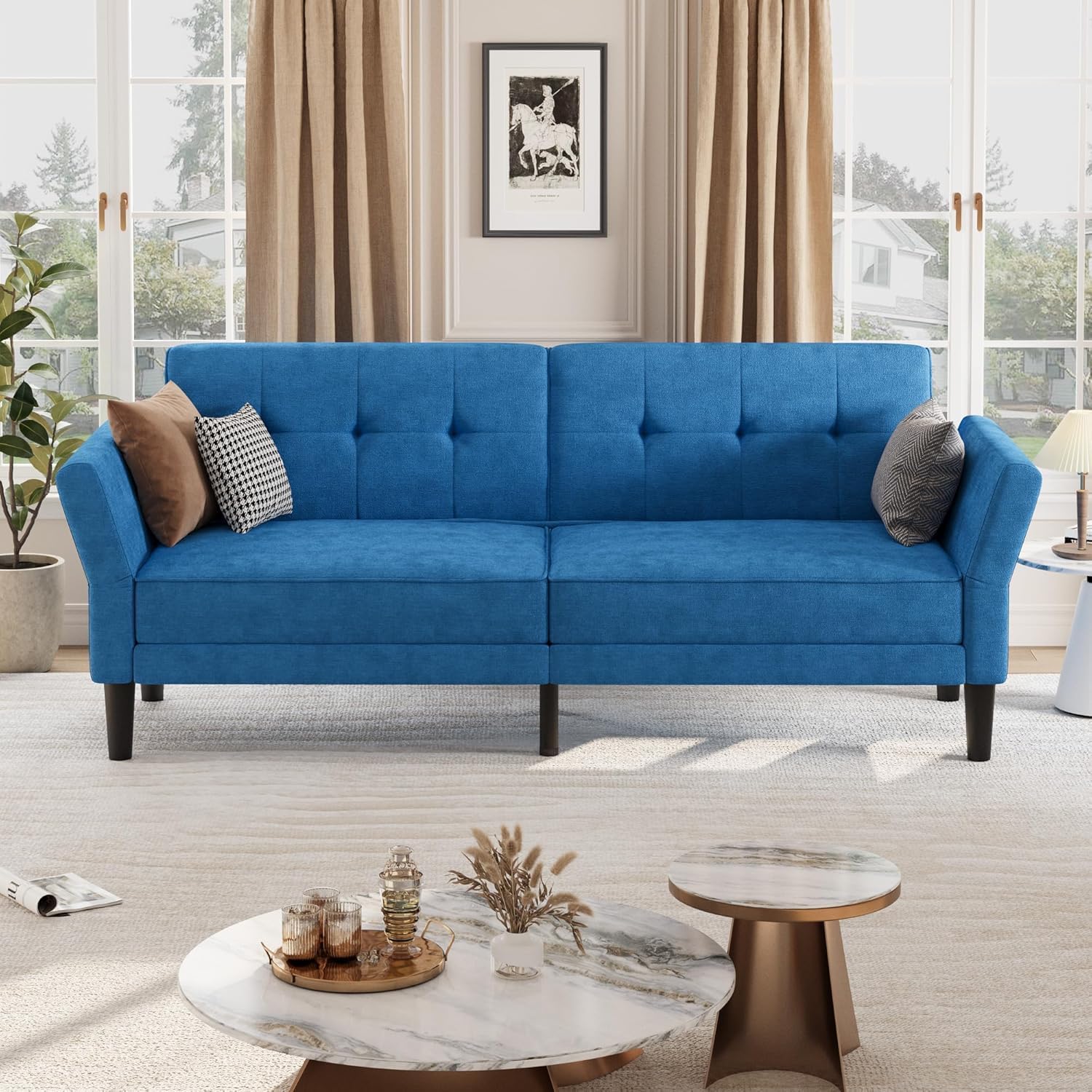 GarveeHome 89' Futon Sofa Bed, Convertible Sleeper Sofa with Adjustable Backrest & Armrest, Modern Futon Couch Bed, Loveseat Sleeper for Living Room Bedroom Apartments, Blue
