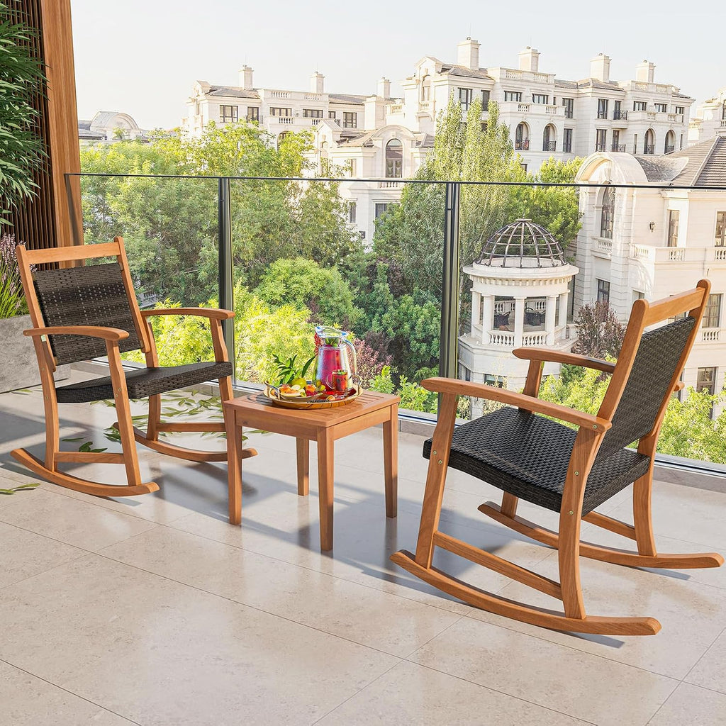 Tangkula 3 Pieces Patio Rocking Chair Set, Patiojoy Acacia Wood Rocker with Side Table, Outdoor Chairs with Wicker Rattan Seat & Backrest, Patio Bistro Set for Garden, Backyard, Poolside