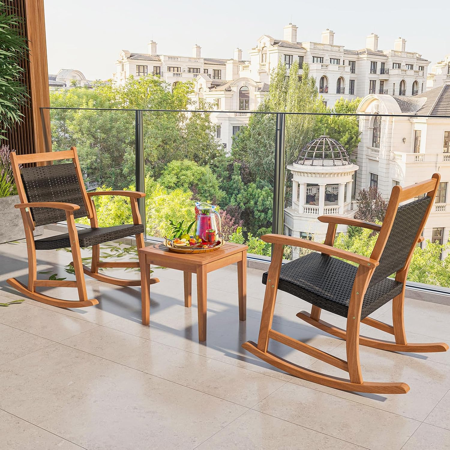 Tangkula 3 Pieces Patio Rocking Chair Set, Patiojoy Acacia Wood Rocker with Side Table, Outdoor Chairs with Wicker Rattan Seat & Backrest, Patio Bistro Set for Garden, Backyard, Poolside