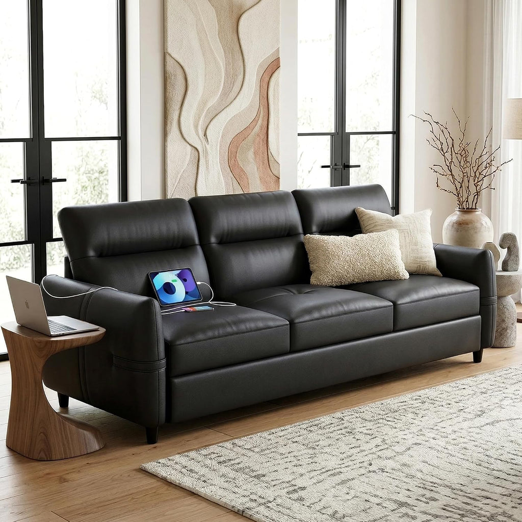 STHOUYN 85' Black Faux Leather Couch with USB, 3 Seater Sofa Couches for Living Room, Large Mid Century Modern Office Apartment Couch (Black)