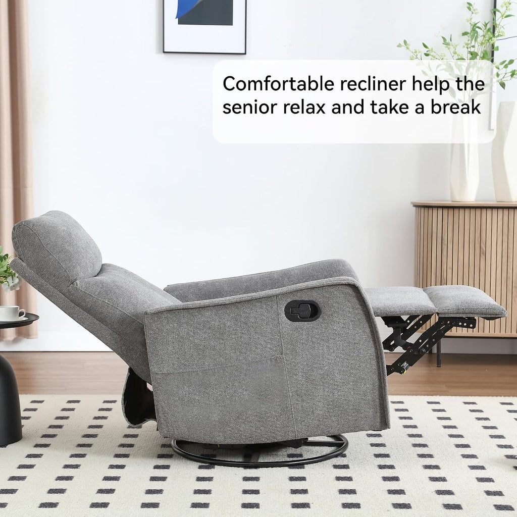 Anwick 360° Swivel Rocker Recliner Chair with Heat and Massage, Manual Upholstered Recliner for Small Spaces, Fabric Glider Nursery Chair with Side Pockets for Living Room (Grey)