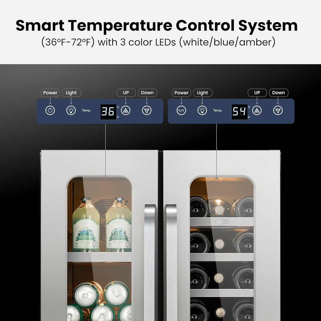 24 Inch Beverage And Wine Refrigerator Under Counter Dual Zone French Door Wine Fridge For Beer Drink Home Bar 20 Bottles 80 Cans