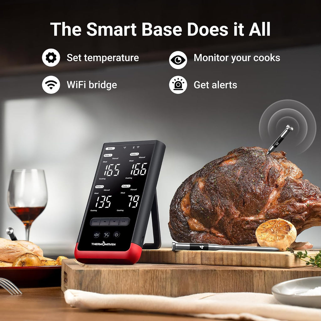 ThermoMaven Smart Bluetooth Wireless Meat Thermometer: Standalone Base, WiFi Unlimited Range, 6 Sensors with NIST Certified Accuracy, 4 Probes for Kitchen, BBQ, Grill, Oven, Smoker, Rotisserie