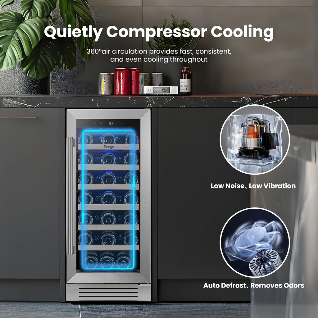 Yeego Wine Fridge – 15 Inch 33 Bottle Wine Cooler Refrigerator with Glass Door, 40-65℉ Built-In or Freestanding, Adjustable Shelves Wine Fridge Ideal for Home Bar & Kitchen