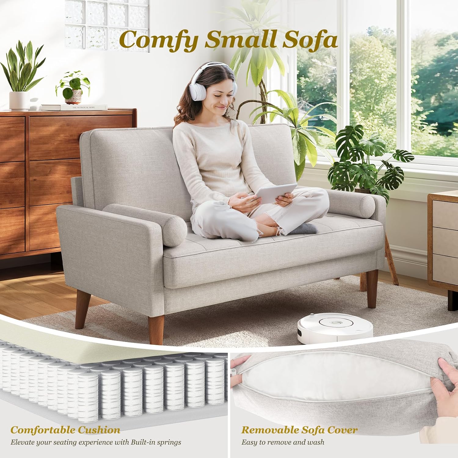 Vesgantti Loveseat Sofa with Solid Wood Legs, 48' Small Couches for Small Spaces, Love Seat for Living Room, Bedroom, Easy Assembly Mid Century Modern Couch with Throw Pillow for Apartment, Ashbeige