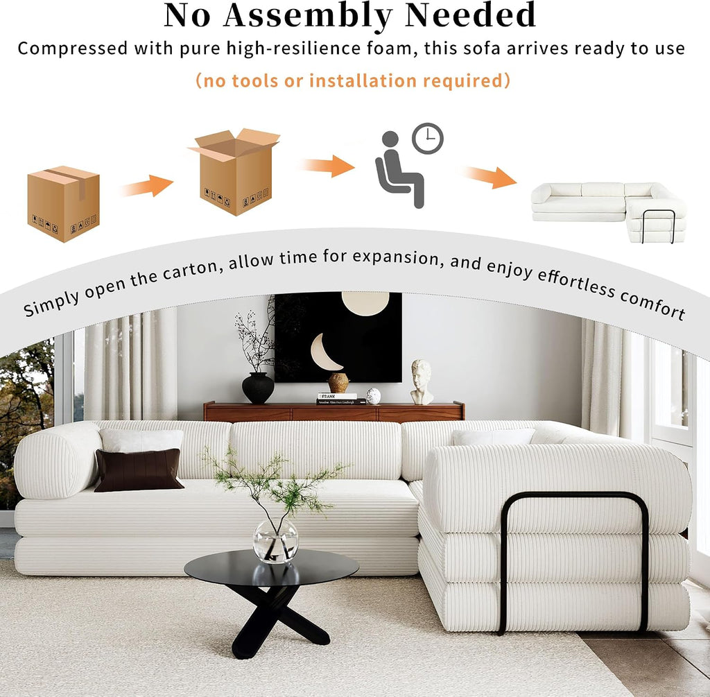 Merax L-Shaped Modular Sofa Bed in Corduroy Fabric, Convertible Sleeper Sofa Bed, 4 Seat Floor Couch for Living Rooms and Apartments, No Assembly Required, Beige