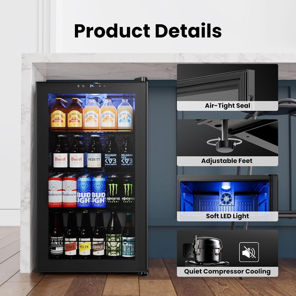 Yeego Beverage Refrigerator, 130-Can Mini Fridge with Glass Door, Adjustable Shelves & Digital Temperature Control for Soda, Beer, and Wine – Suitable for Home or Office Use