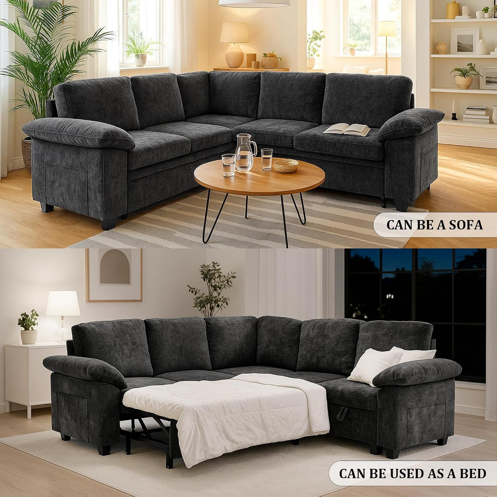 86 Inch Sectional Sleeper L Shaped Sofa with Pull Out Bed, Modular Sectional Sofa with Storage, Modern Chenille Cloud Couch, Sectional Couches for Living Room, Black
