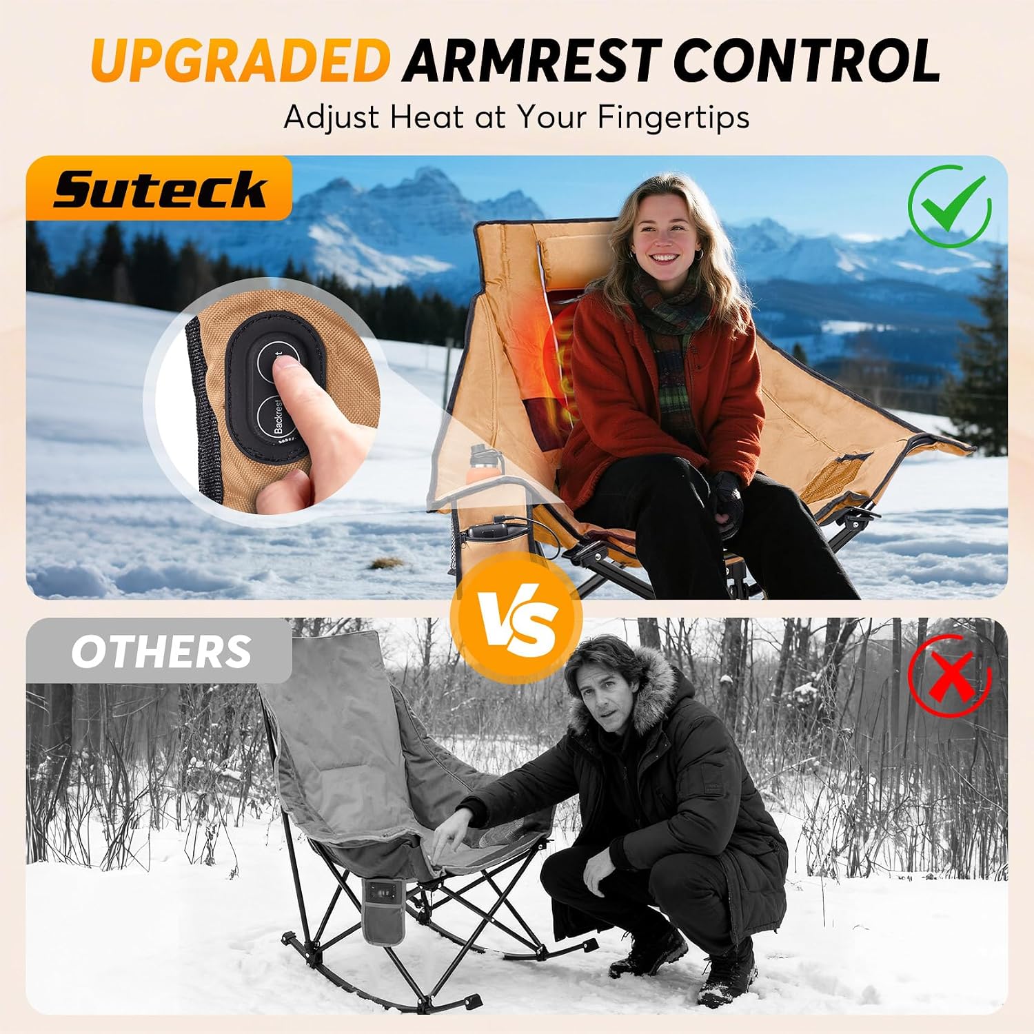Suteck Heated Rocking Camping Chair - Fully Thicker Padded Heated Chairs for Outdoor Sports W/3 Heat Levels for Back & Seat, Heated Folding Chair for Adults with Carry Bag- Battery NOT Included