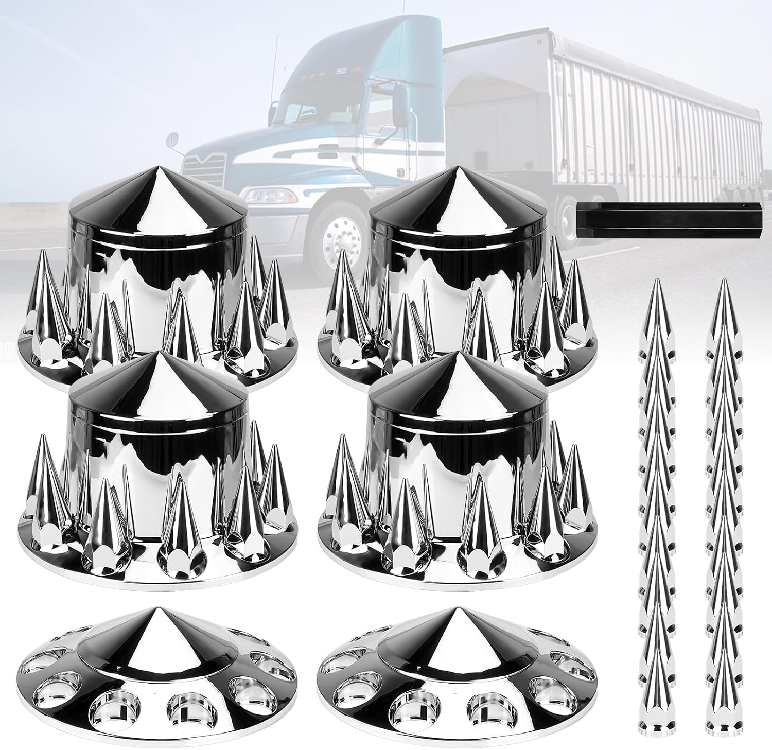 2 Front and 4 Rear Axle Wheel Covers Axle Cover 33mm Chromed Thread-On Lug Nut Covers with Removable Hub Caps for Semi Truck (Installation Tool Included)