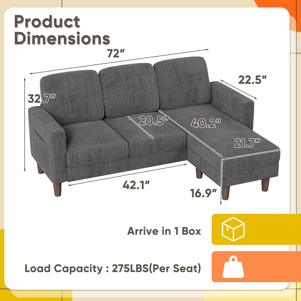 YESHOMY Couches for Living Room, Sofa with Movable Ottoman, Small Couch with Reversible Chaise and Side Pockets, L Shaped Couch for Small Space, Apartment (Corduroy, Grey)