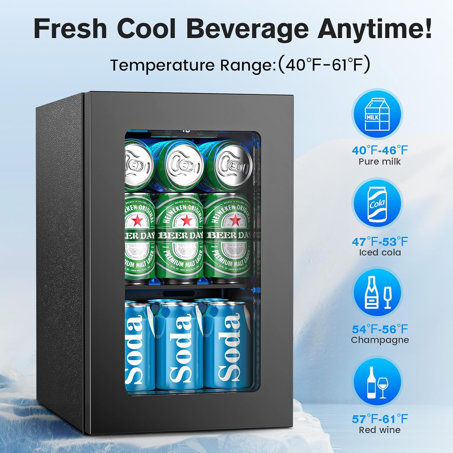 Electactic Mini Fridge 24 Can Beverage Cooler Refrigerator, 0.6 CUFT Freestanding Small Drink Fridge for Bedroom, Home Kitchen Bar, LED Touch Control Adjustable 40℉-61 ℉ Temperature