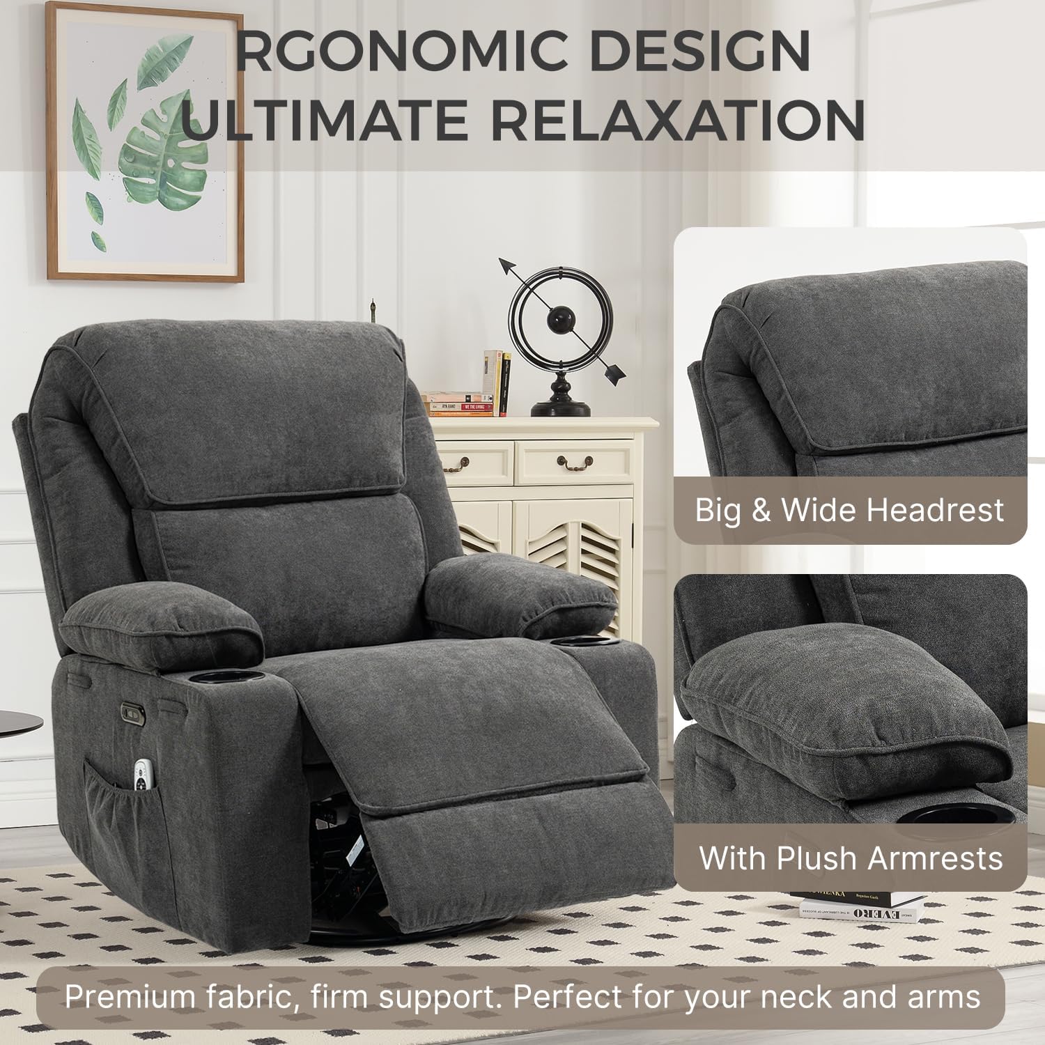 Power Recliner with Rocking, Swivel & Glider - Nursery Chair with One-Touch Button, Vibrating Massage & Heat, USB Charging Ports, Perfect for Nursery, Living Room, or Bedroom Relaxation, Dark Gray