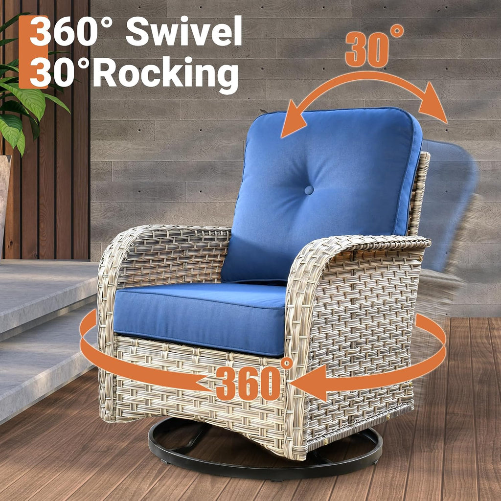 ovios Outdoor Swivel Rocking Chair Set of 3 with Coffee Table, Patio Wicker Rocker with Comfortable Thicken Deep Seating, Comfy Rattan Glider Chairs for Porch Deck Balcony Garden Backyard, Navy Blue