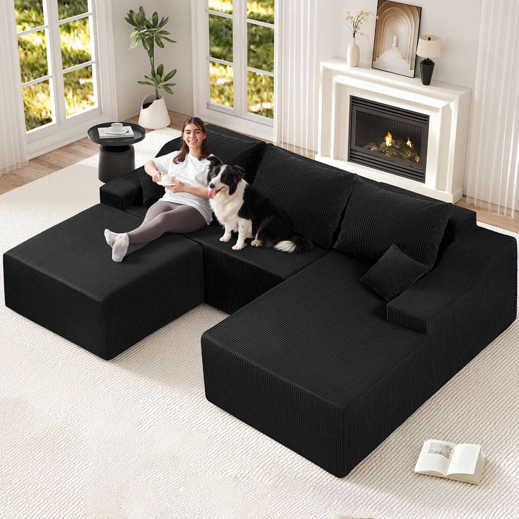 HABUTWAY U Shaped Modular Sectional Couch for Living Room, Modular Cloud Sofa with Ottoman, No Assembly Boneless Couches with Deep Seat, Corduroy Fabric (Black, Right Facing)