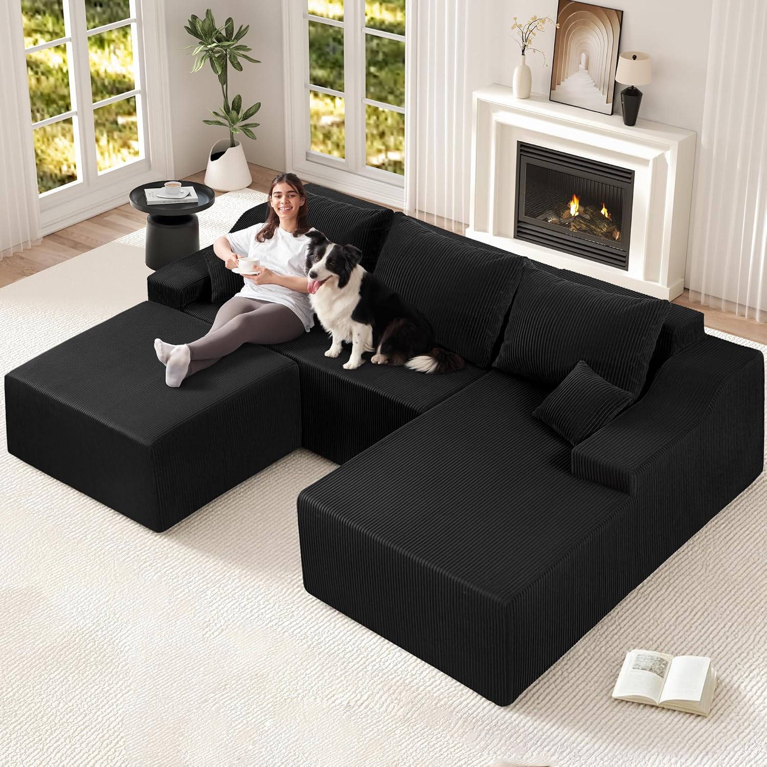 HABUTWAY U Shaped Modular Sectional Couch for Living Room, Modular Cloud Sofa with Ottoman, No Assembly Boneless Couches with Deep Seat, Corduroy Fabric (Black, Right Facing)