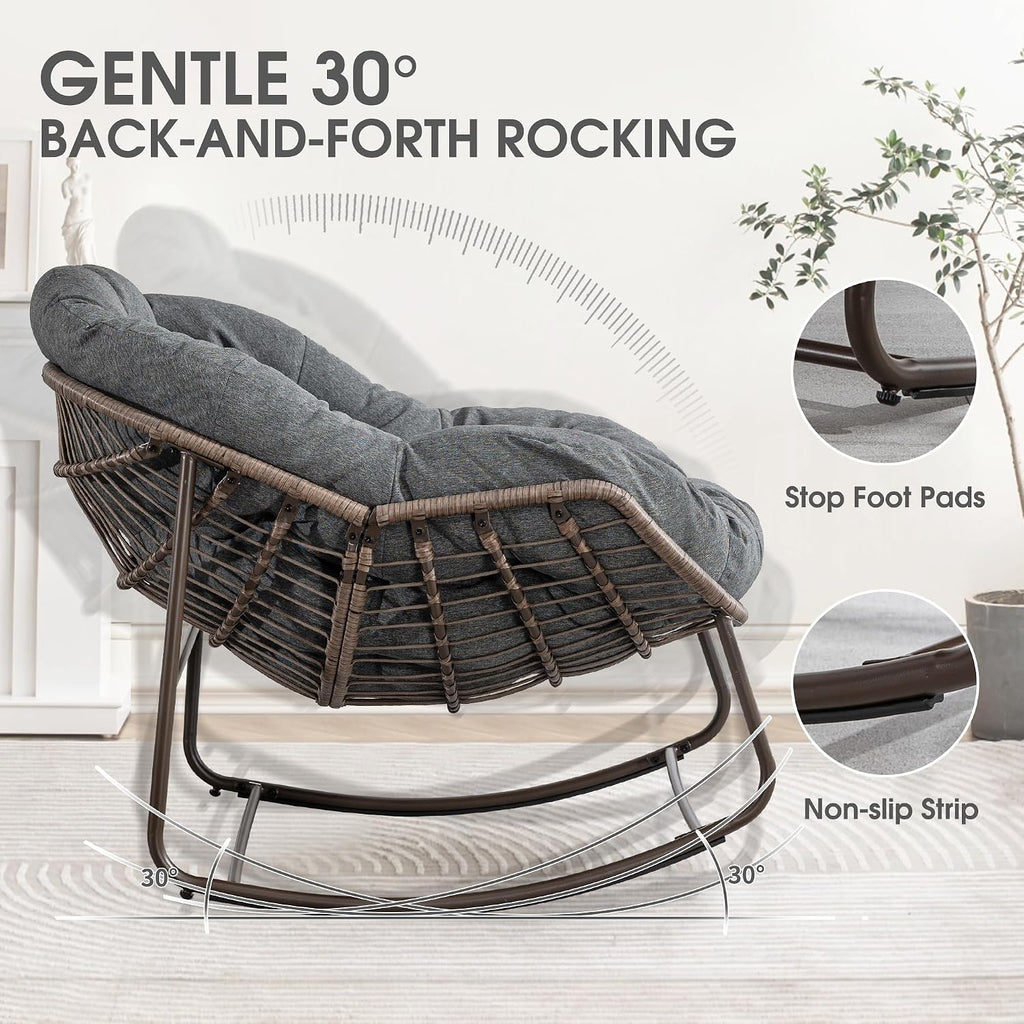 Oversized Papasan Rocking Chair - Outdoor Luxury Comfy Patio Chair Set of 2 Indoor Egg Royal Double Rattan Rocking Chair with Cushion for Front Porch Lounge Lawn Bedroom (Grey)