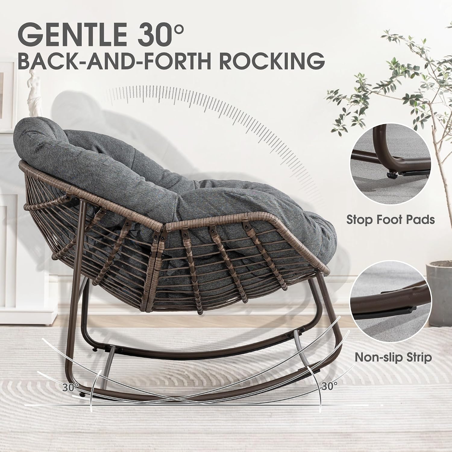 Oversized Papasan Rocking Chair - Outdoor Luxury Comfy Patio Chair Set of 2 Indoor Egg Royal Double Rattan Rocking Chair with Cushion for Front Porch Lounge Lawn Bedroom (Grey)