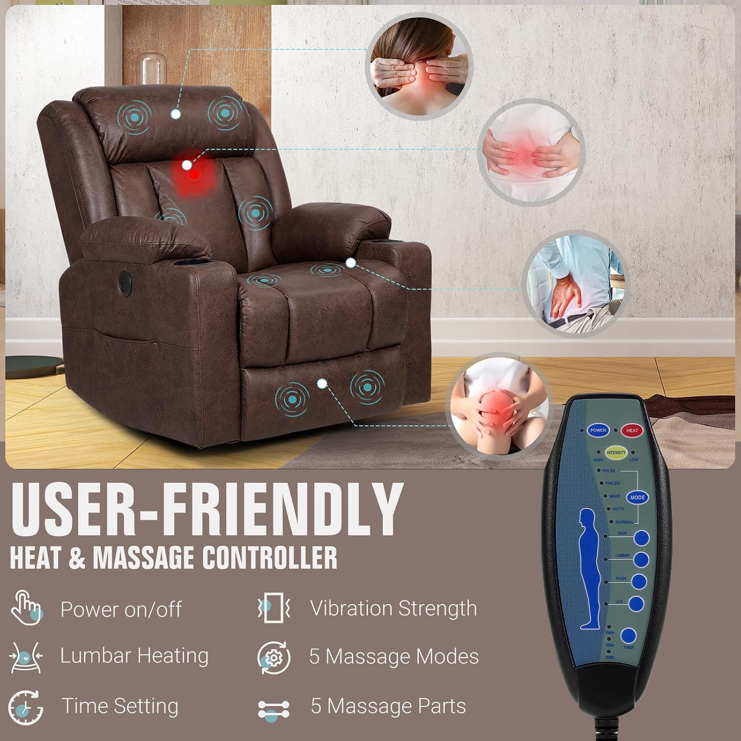 LAFWELL Retro Rocking Recliner Chair, Massage Rocker Recliner Chair with Vibration Massage and Heat, USB and Type-C Ports,360° Swivel Chairs,Living Room, Bedroom, Nursery, RV, Brown