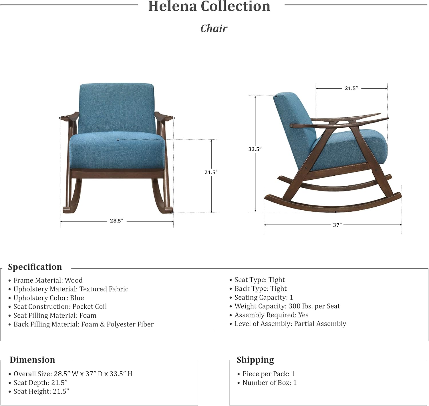 Lexicon Helena 28.5' W Fabric Wood Arm Rocking Chair, Blue