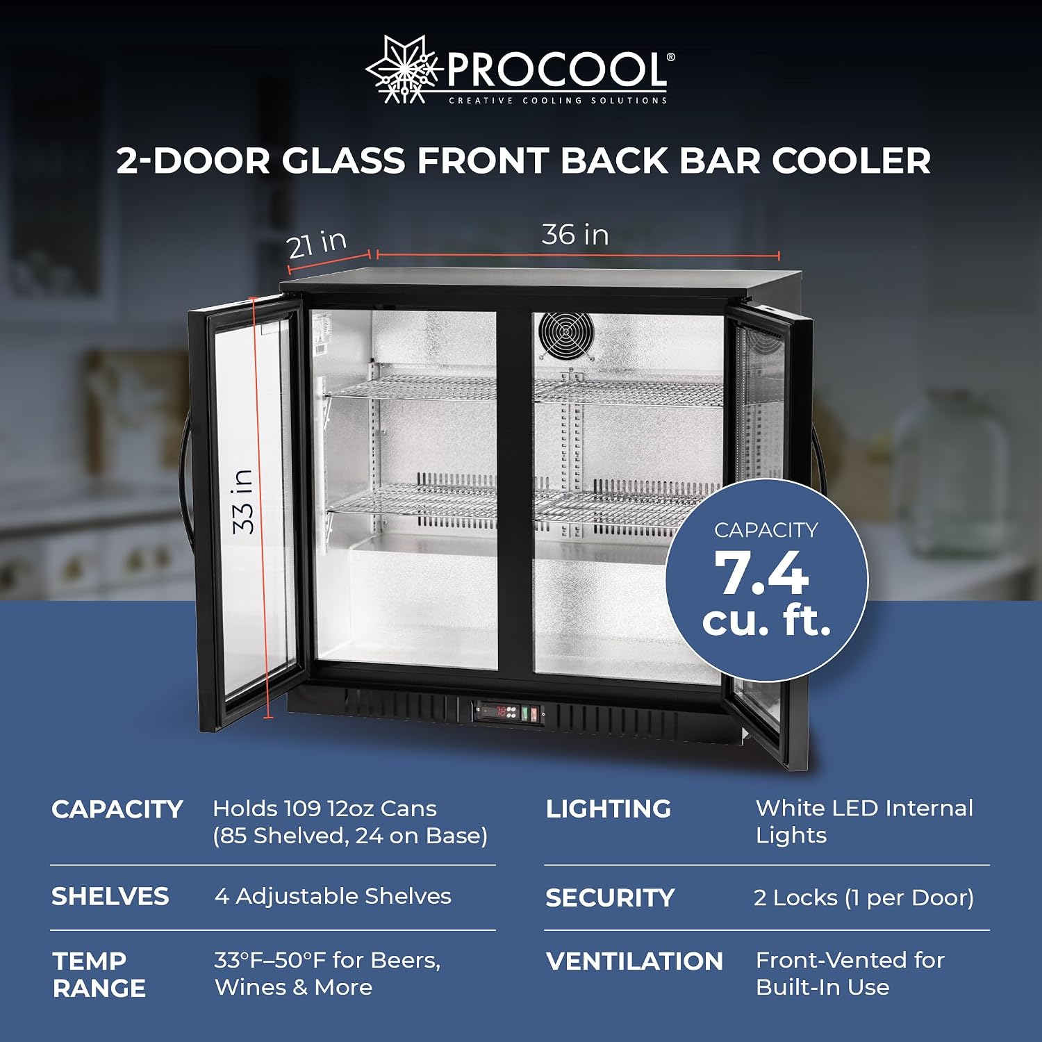 Procool 2-Door Undercounter Refrigerator - 33' Tall Energy Efficient Black Beverage Cooler With Glass Doors & White LED Lights - Residential Beverage Refrigerator For Entertaining Spaces & Home Bars