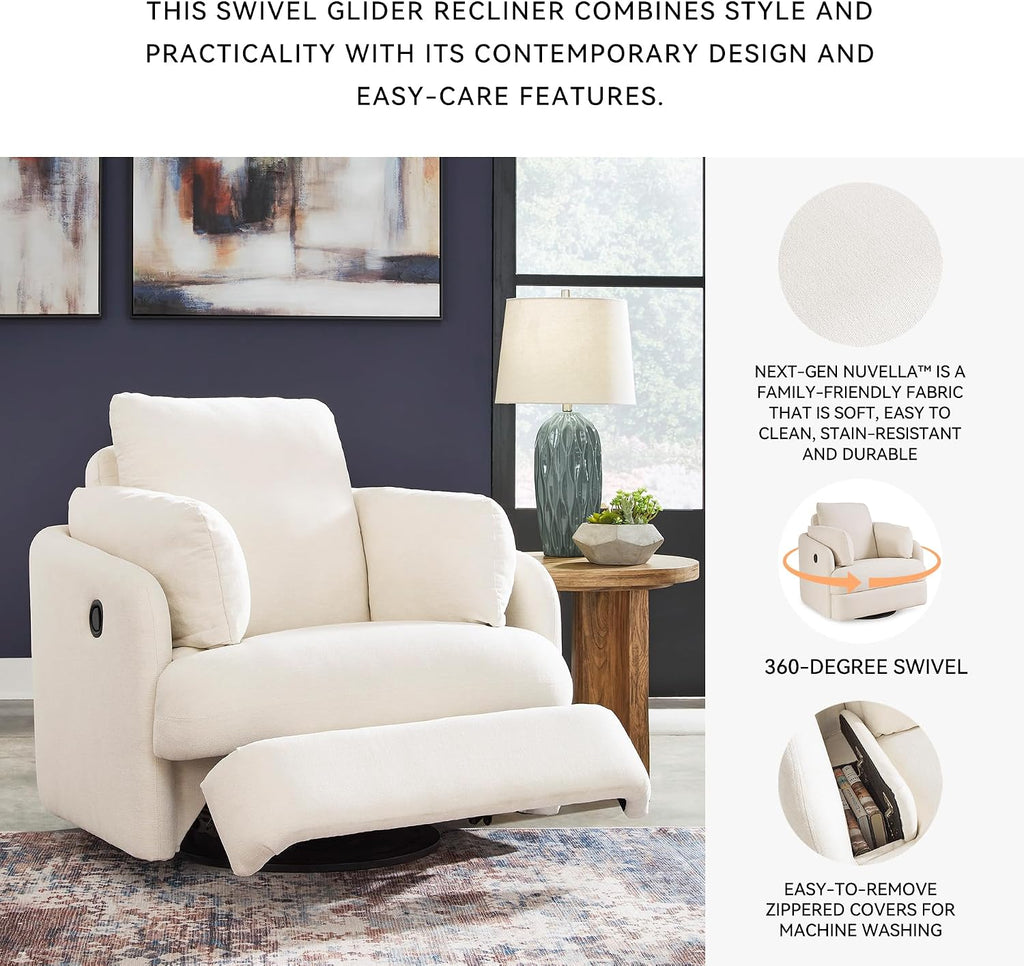 Signature Design by Ashley Modmax Coastal Press-Back Swivel Glider Rocker Recliner with Machine Washable Cover, Hidden Storage Compartments and 2 Bolster Pillows, Beige