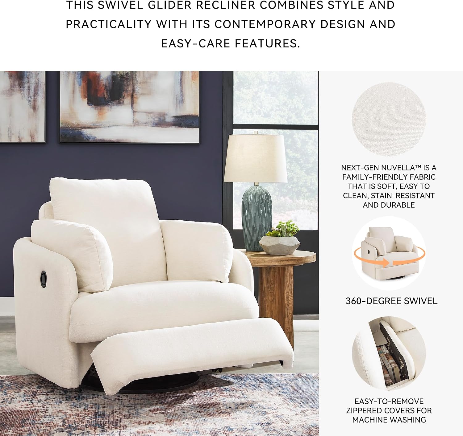 Signature Design by Ashley Modmax Coastal Press-Back Swivel Glider Rocker Recliner with Machine Washable Cover, Hidden Storage Compartments and 2 Bolster Pillows, Beige