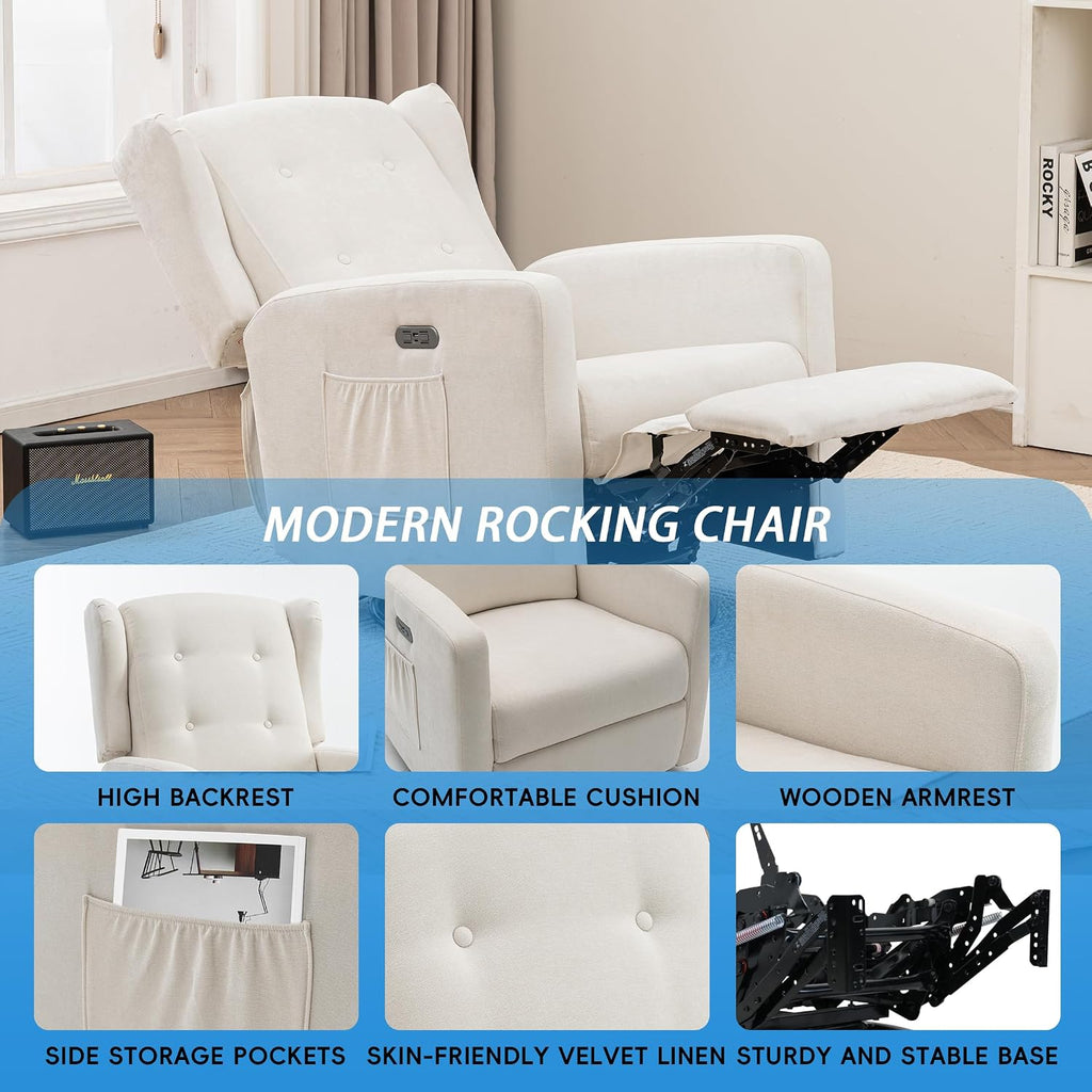 Swivel Rocker Power Recliner Chair for Nursery, 270° Swivel Glider Recliner with USB & Type-C Charging, Electric Reclining Chair with Storage Pockets, Upholstered Recliner for Living Room(Cream)