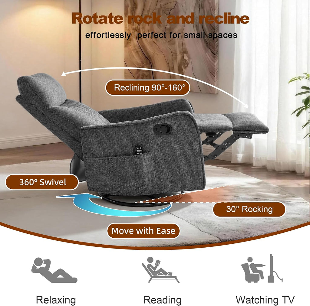 Casaphoria 360° Swivel Rocking Recliner Chair with Heat and Massage Upholstered Fabric Nursery Glider with Side Pocket for Living Room,Bedroom,Home Theater and RV Small Space(Dark Gray)