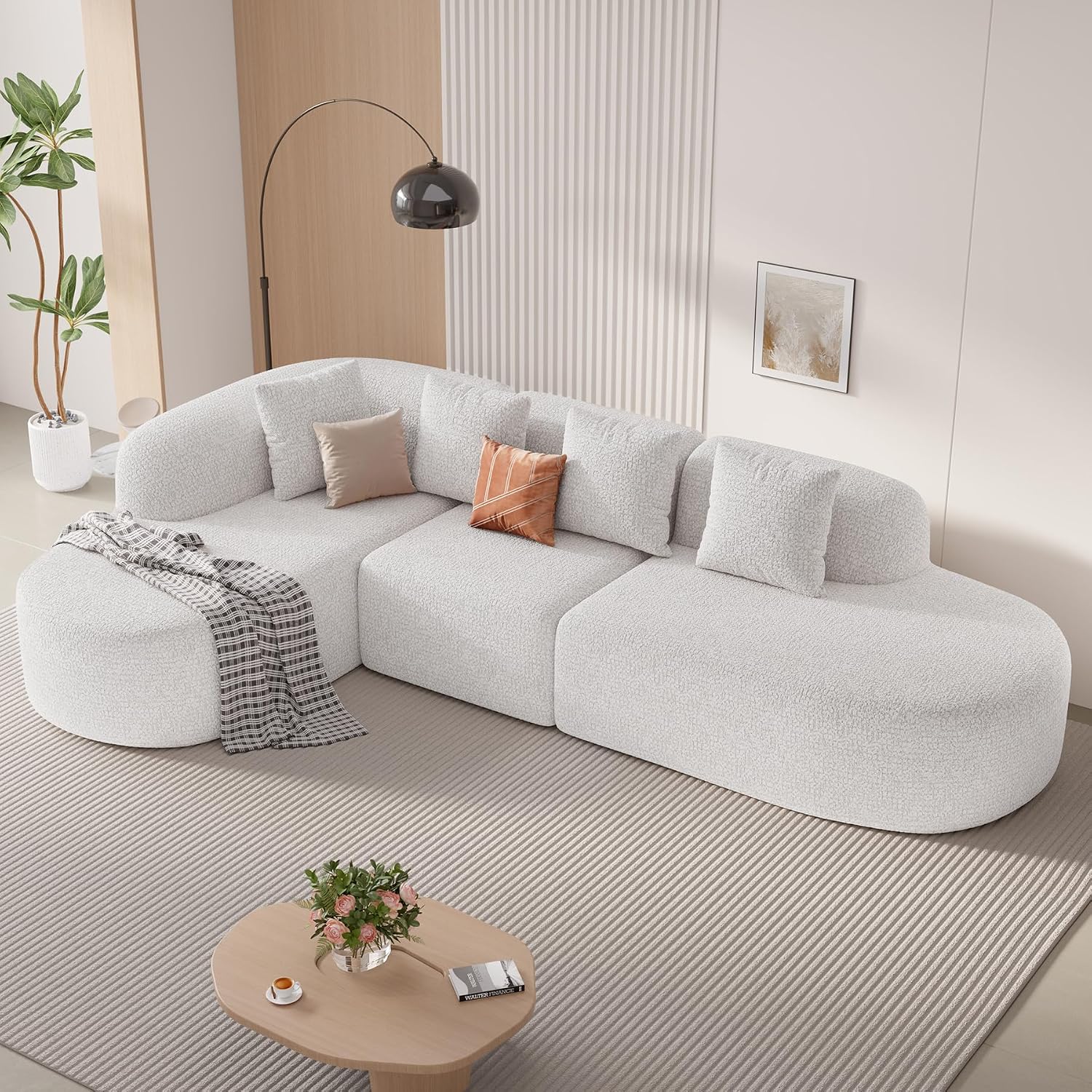 114 Inch Boneless Curved Couches for Living Room,Modern Modular Sectional Sofa with Chaise,L-Shape Cloud Sectional Couch,No Assembly Required,Beige