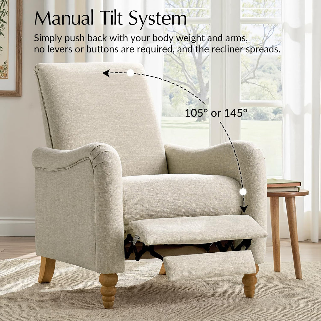 HULALA HOME Farmhouse Recliner Chair with Solid Wood Spindle Legs, Curved Push Back Recliner Armchair with Adjustable Backrest & Footrest, Comfy High Back Lazyboy Single Sofa for Living Room, Linen