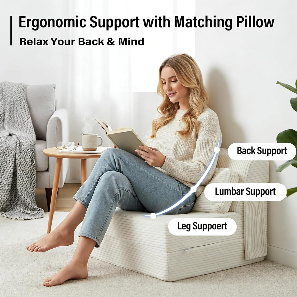 Folding Sofa Bed with Pillow, Convertible Sleeper Chair, Comfy Floor Futon Couch Mattress Lounge Sofa for Adults Portable Fold Out Chair Bed for Living Room Bedroom, Single, Beige