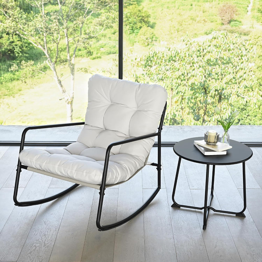2-Piece Outdoor Rocking Chair Set, Comfy Papasan Patio Lounge Chair with Thick Cushion, Oversized Patio Bistro Furniture with Side Table for Porch, Garden, Living Room (Beige)
