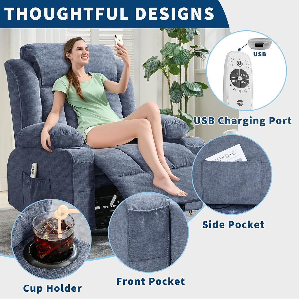 GarveeHome Rocker Swivel Recliner Chair with Heat Massage Large Wide Rocking Lazy Boy Single Sofa Seat with 3 Positions 2 Side Pockets Cup Holders USB Ports Remote Control (Blue)
