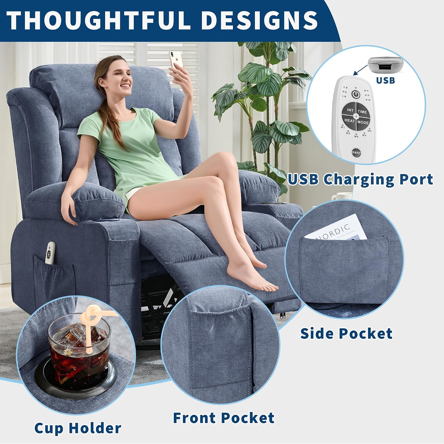 GarveeHome Rocker Swivel Recliner Chair with Heat Massage Large Wide Rocking Lazy Boy Single Sofa Seat with 3 Positions 2 Side Pockets Cup Holders USB Ports Remote Control (Blue)