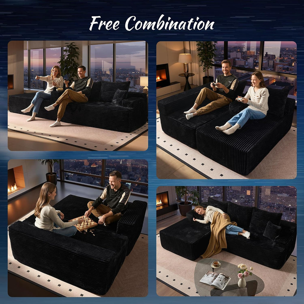 ovios 104' Cloud Boneless Couch with Glitter Fabric, Moudular Sectional Sofa with Deep Seat, No Assembly Required, Modern Minimalist L Shaped Couches with Chaise for Living Room, Black