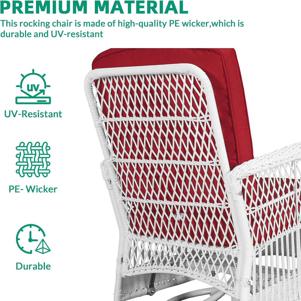 VIVIJASON 3-Piece Outdoor Conversation Bistro Set, Patio Swivel Glider Rocking Chairs Rattan Furniture Sets w/ 2 White Rattan Chairs, Glass Top Side Table for Porch Backyard, Red Cushions