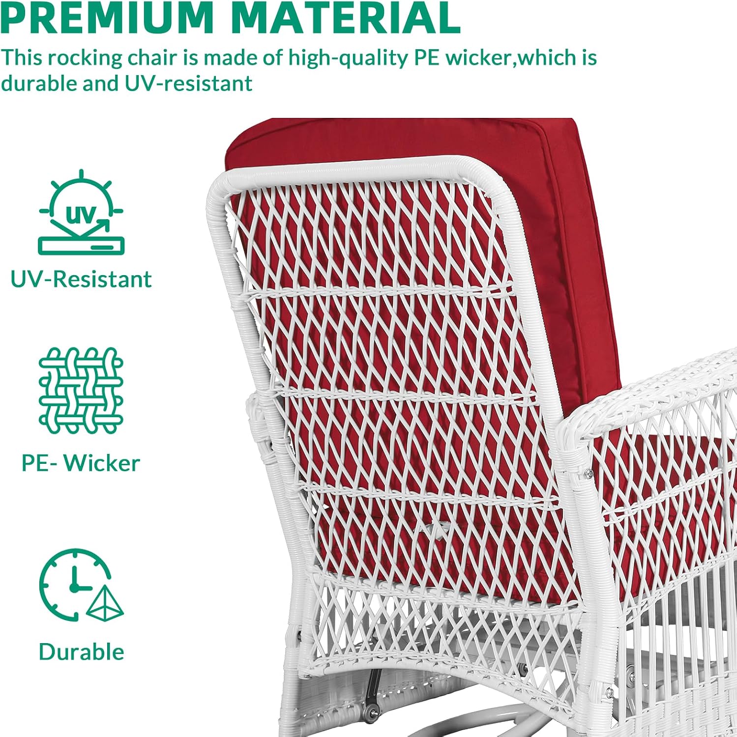 VIVIJASON 3-Piece Outdoor Conversation Bistro Set, Patio Swivel Glider Rocking Chairs Rattan Furniture Sets w/ 2 White Rattan Chairs, Glass Top Side Table for Porch Backyard, Red Cushions