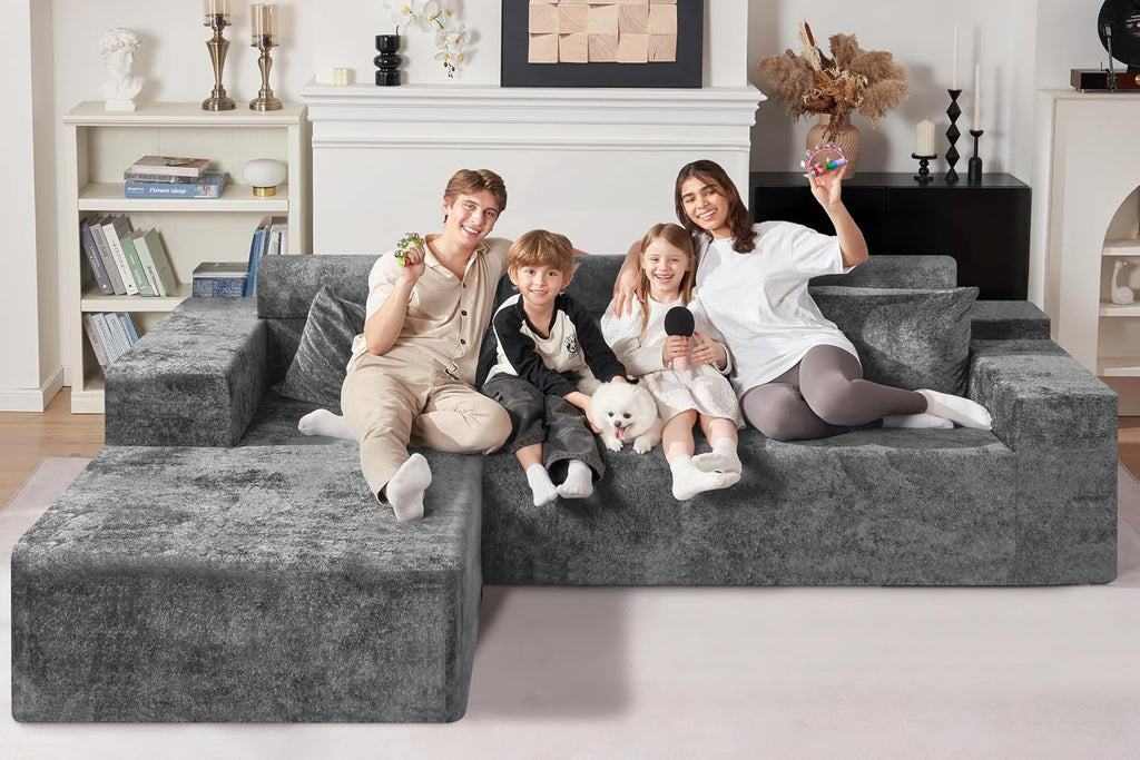HABUTWAY 105' L-Shape Modular Sectional Sofa Couch for Living Room,No Assembly Required,Modular Comfy Sofa with Deep Seat for Living Room Bedroom,Luxury Distressed Velvet(Left,Grey)