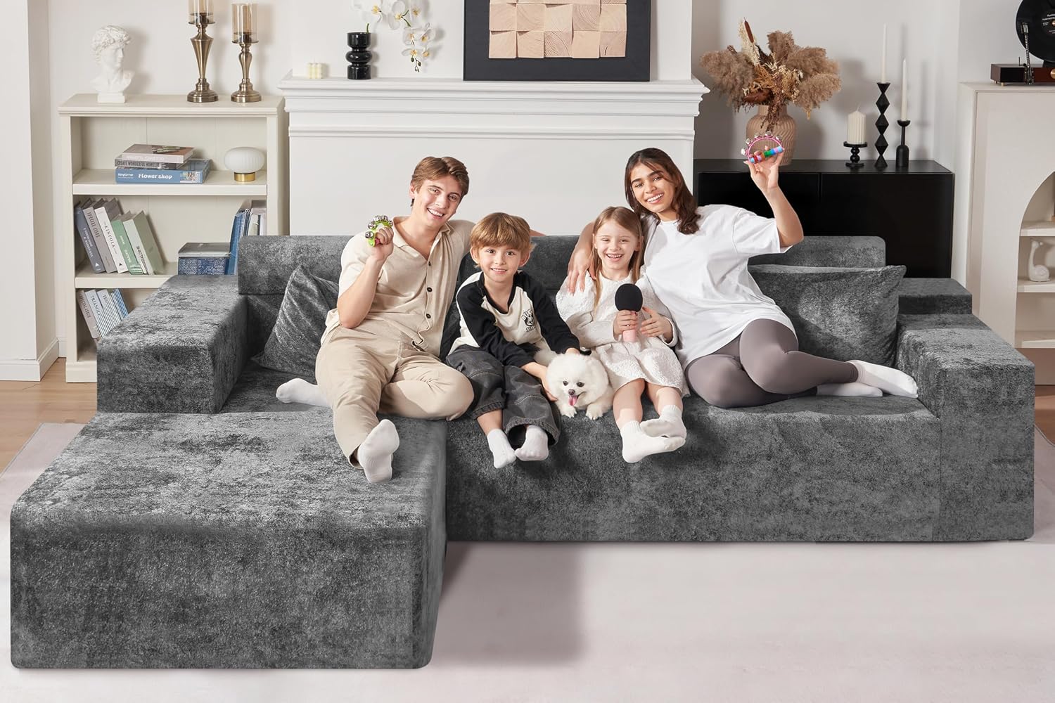 HABUTWAY 105' L-Shape Modular Sectional Sofa Couch for Living Room,No Assembly Required,Modular Comfy Sofa with Deep Seat for Living Room Bedroom,Luxury Distressed Velvet(Left,Grey)