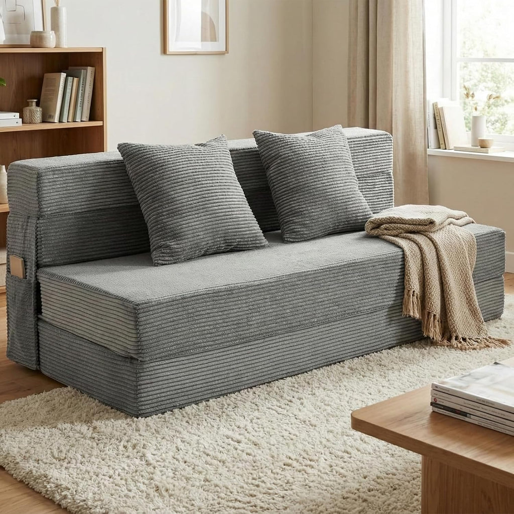 JKMAX Queen Size Folding Sofa Bed - 4 in 1 Convertible Sleeper Chair with Two Pillows - High Density Memory Foam Futon Couch - Foldable Bed for Living Room Bedroom (Dark Grey)