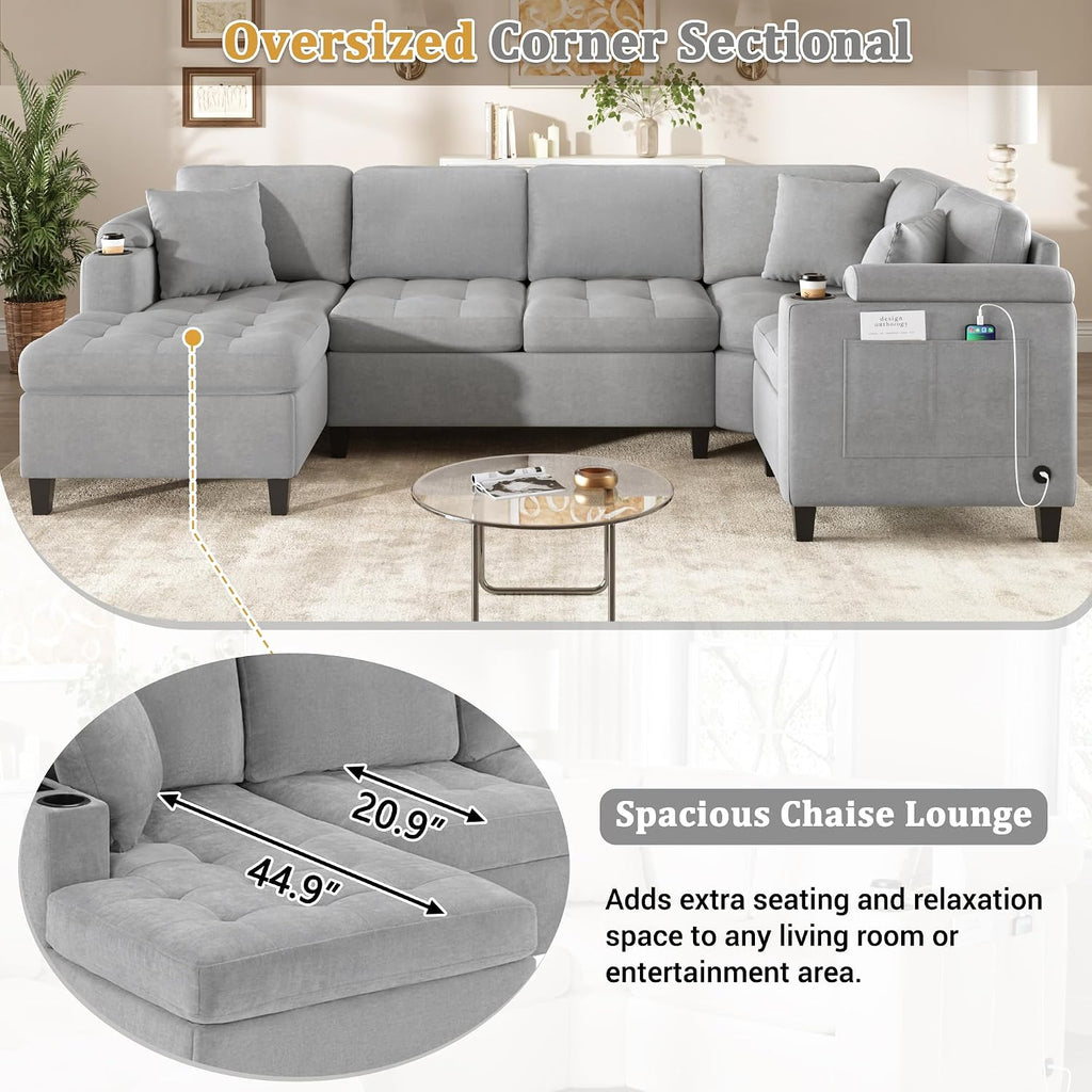 Merax 115.7' U-Shaped Chenille Sectional Sofa, 4 Seat Corner Couch Oversized with Built-in Cup Holders, 3 Pillows, Storage Space for Living Room, Light Grey